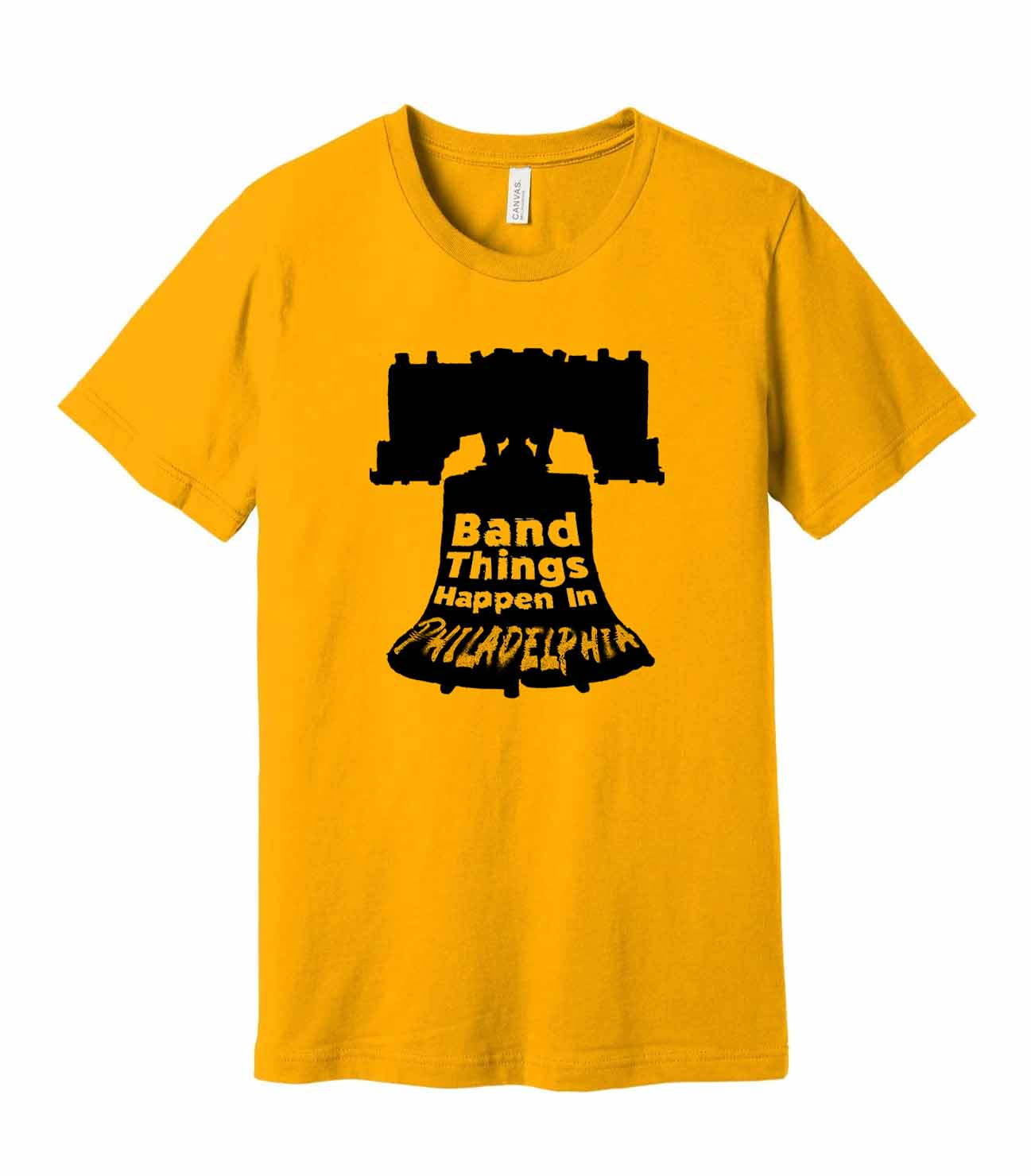 Mock-up of bright yellow t-shirt with "Band Things Happen" conference logo.